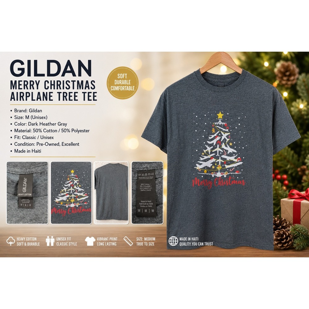Gildan Mens Gray Aviation Airplane Christmas Tree T-Shirt Merry Christmas Size M